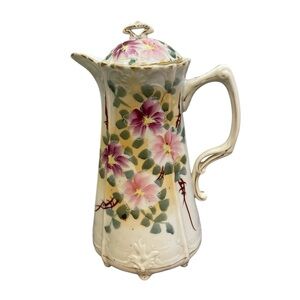 Antique Tea Pot Coffee Japan Floral Hand Painted Pitcher Lid Porcelain Moriage